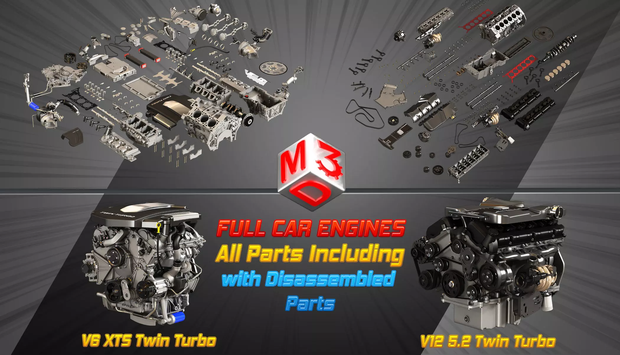 V6 and V12 Car Engines with Full Internal and External Parts 3D Model Collection_0