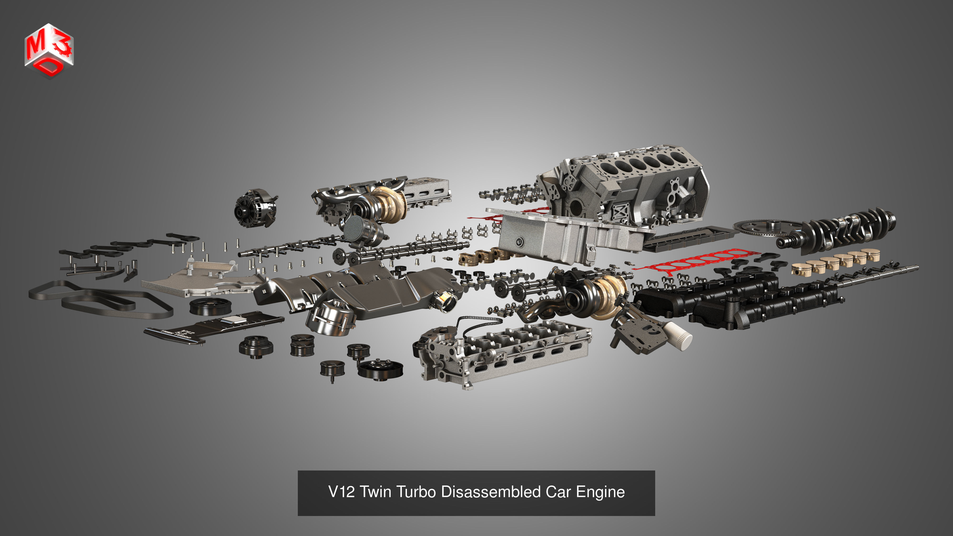 V6 and V12 Car Engines with Full Internal and External Parts 3D Model Collection_9