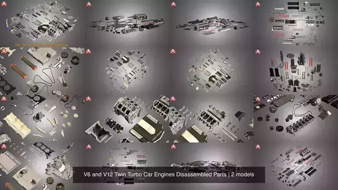 V6 and V12 Twin Turbo Car Engines Disassembled Parts