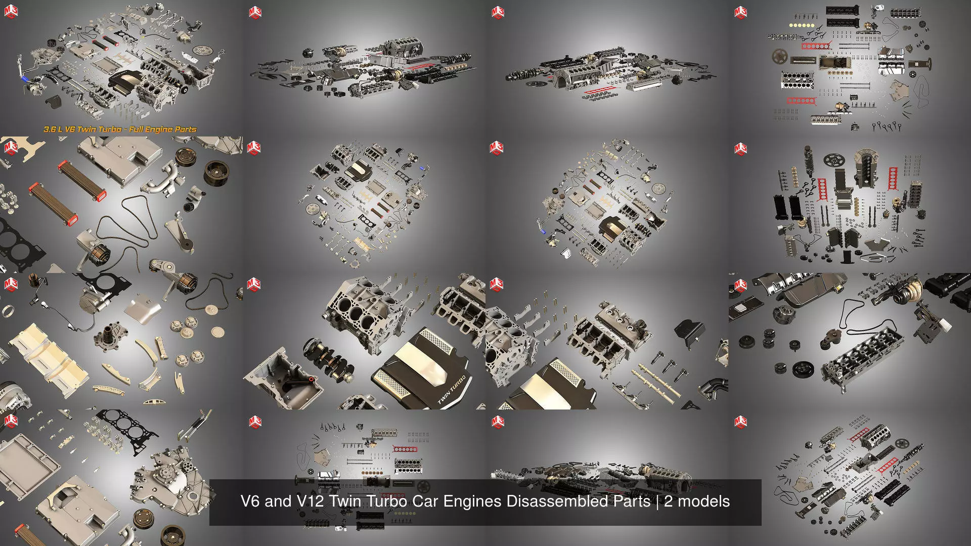 V6 and V12 Twin Turbo Car Engines Disassembled Parts 3D Model Collection_2