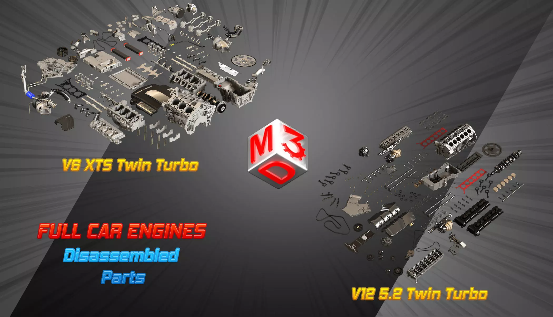 V6 and V12 Twin Turbo Car Engines Disassembled Parts 3D Model Collection_0