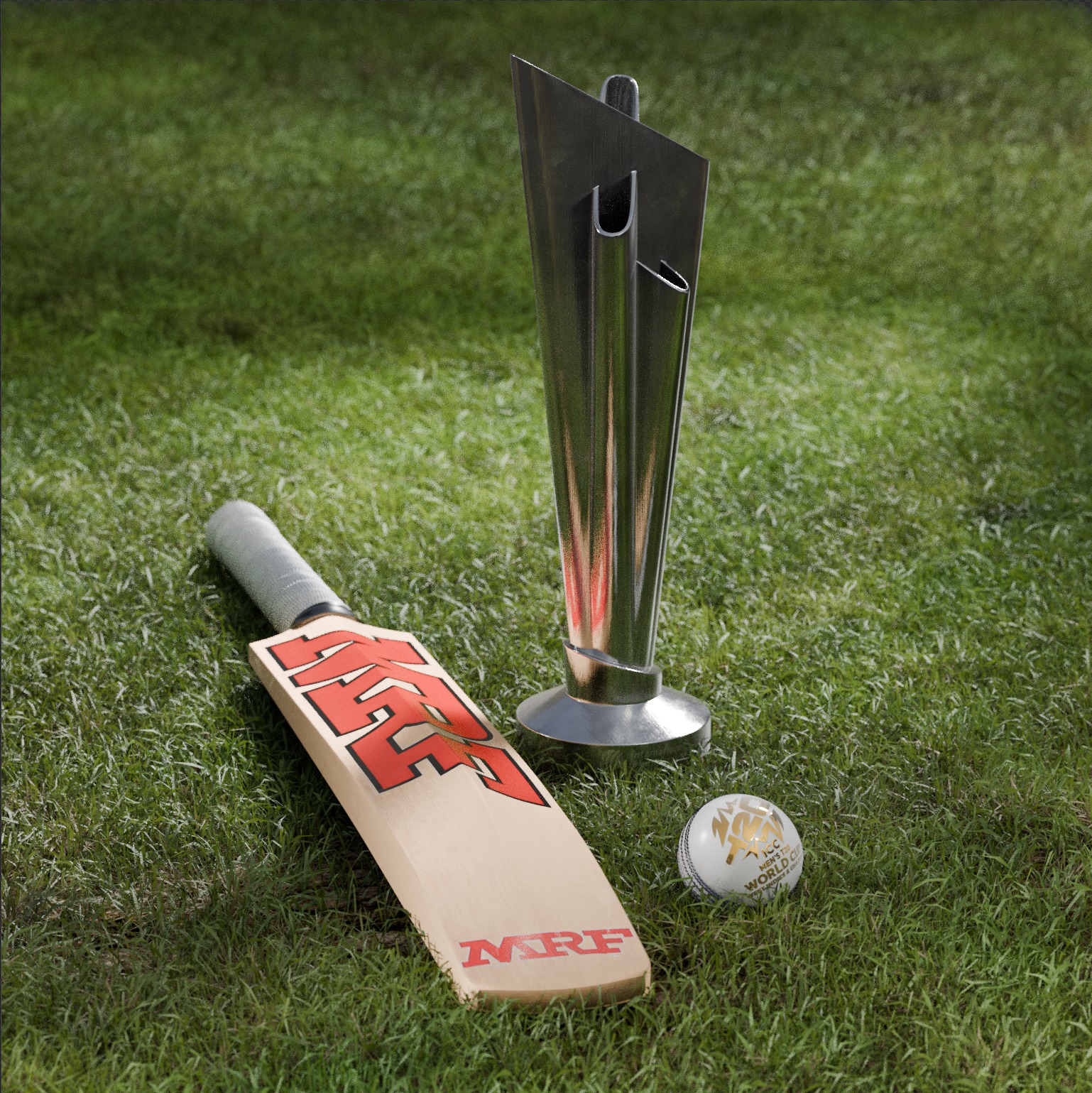 MRF Cricket Bat and Ball with T20 World Cup trophy Low-poly 3D model_1
