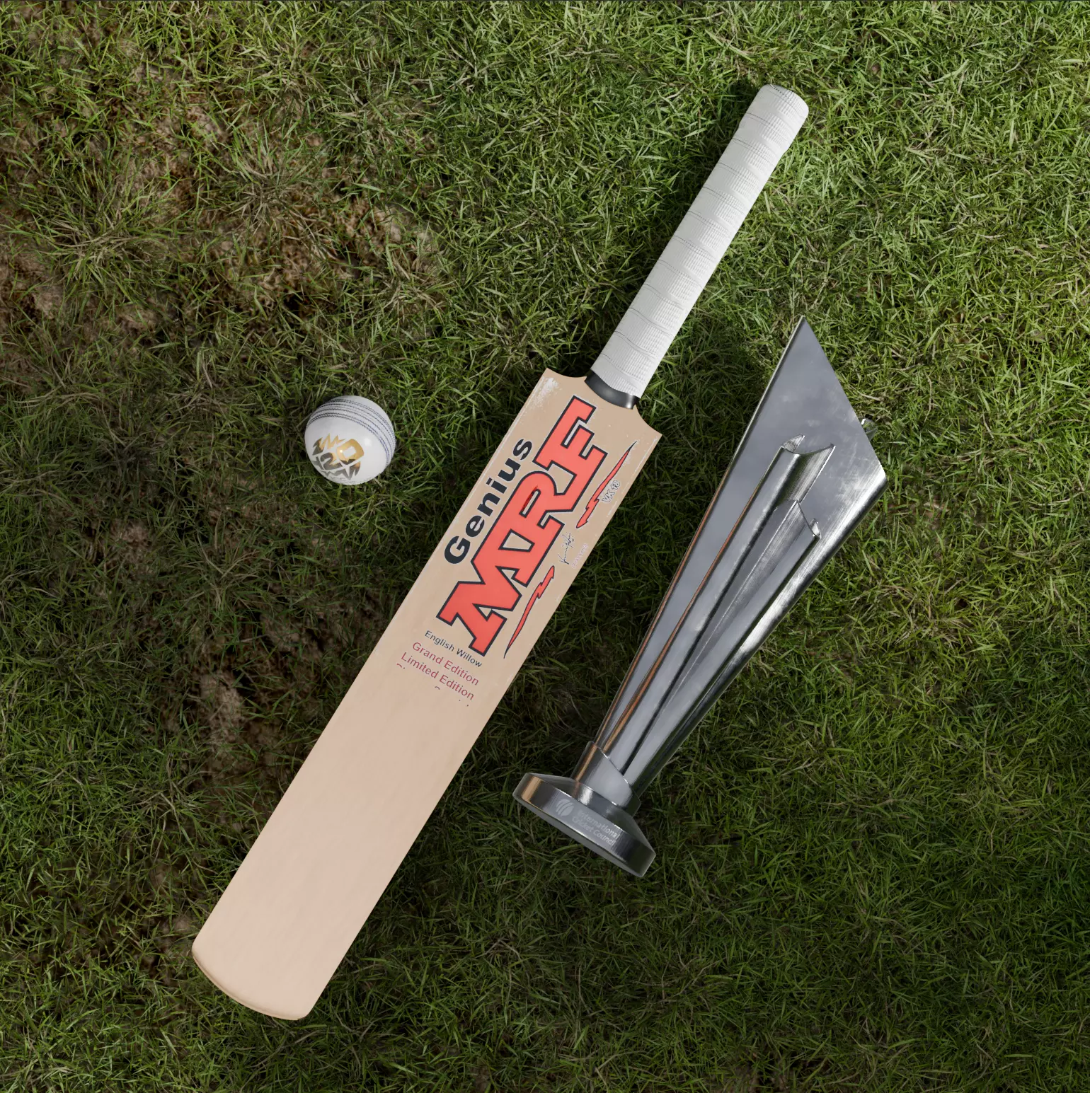 MRF Cricket Bat and Ball with T20 World Cup trophy Low-poly 3D model_0