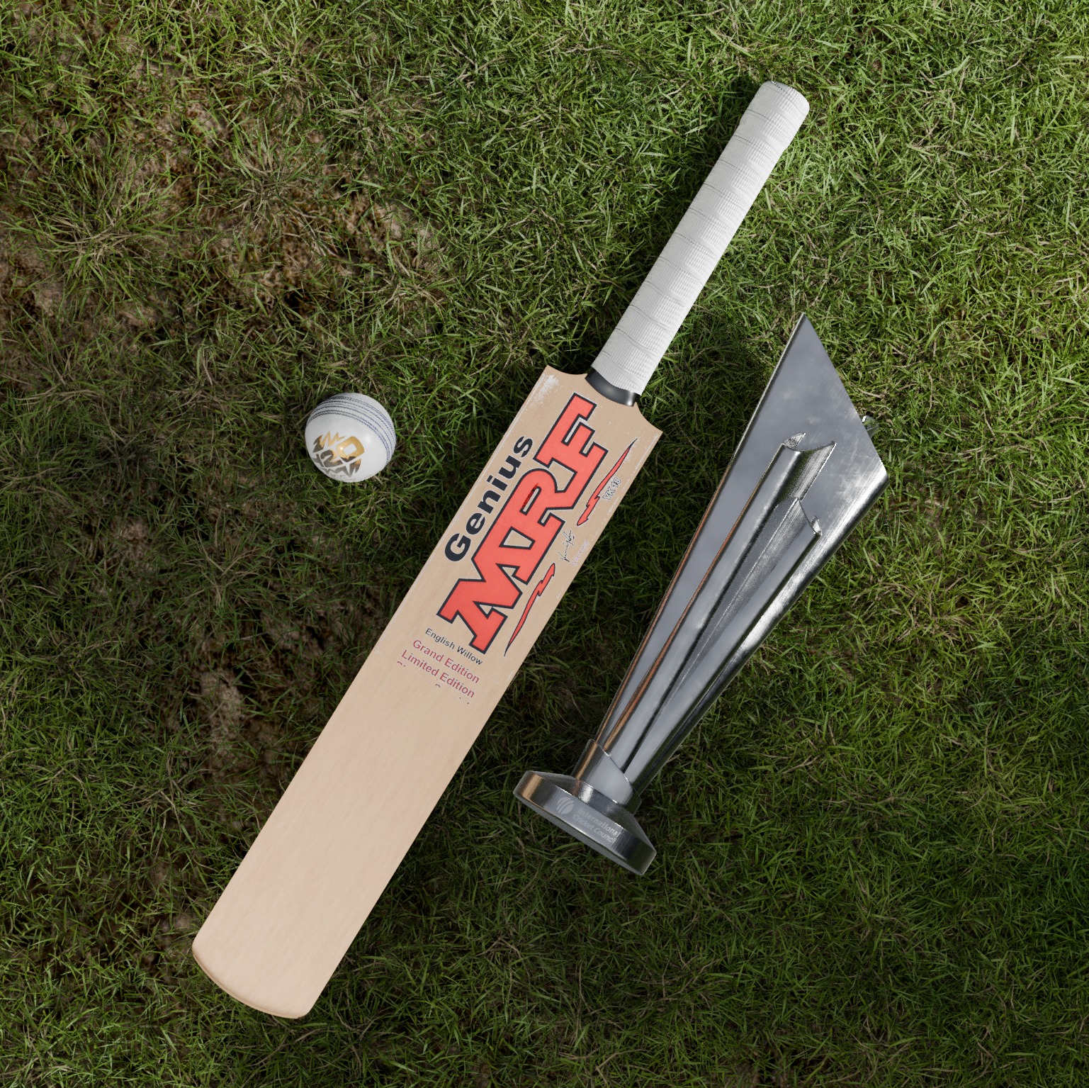 MRF Cricket Bat and Ball with T20 World Cup trophy Low-poly 3D model_6