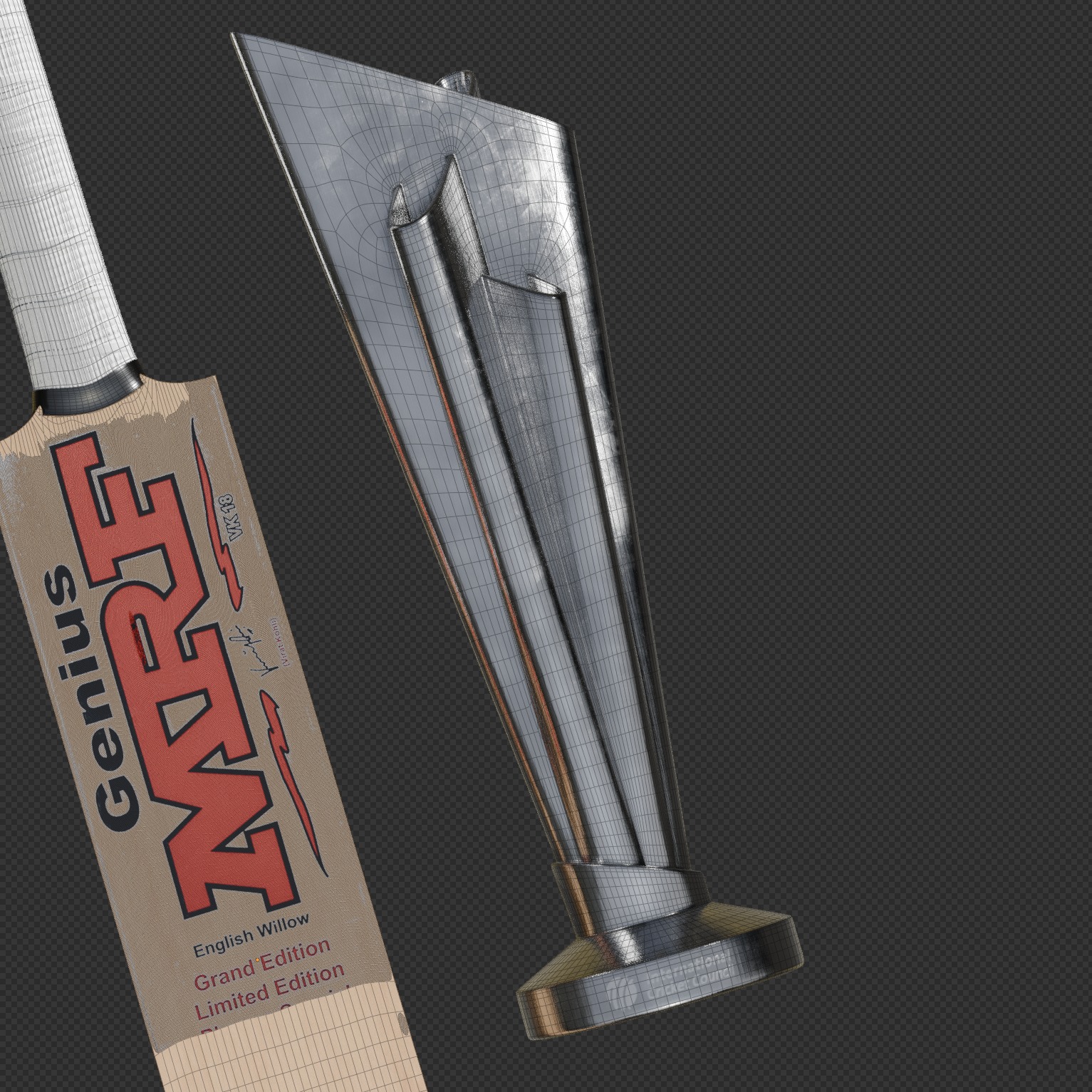 MRF Cricket Bat and Ball with T20 World Cup trophy Low-poly 3D model_15