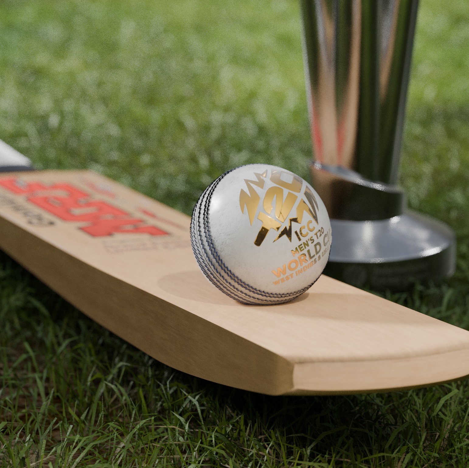 MRF Cricket Bat and Ball with T20 World Cup trophy Low-poly 3D model_5