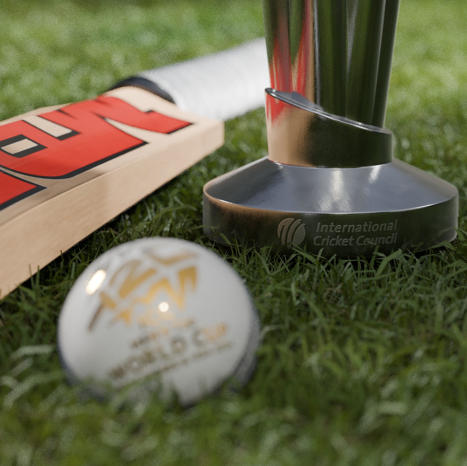 MRF Cricket Bat and Ball with T20 World Cup trophy Low-poly 3D model_3