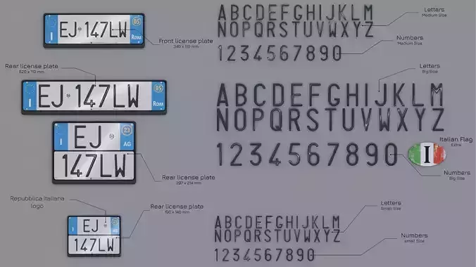 Customizable Italian License Plate 3D Pack  4 Sizes  4k PBR v3