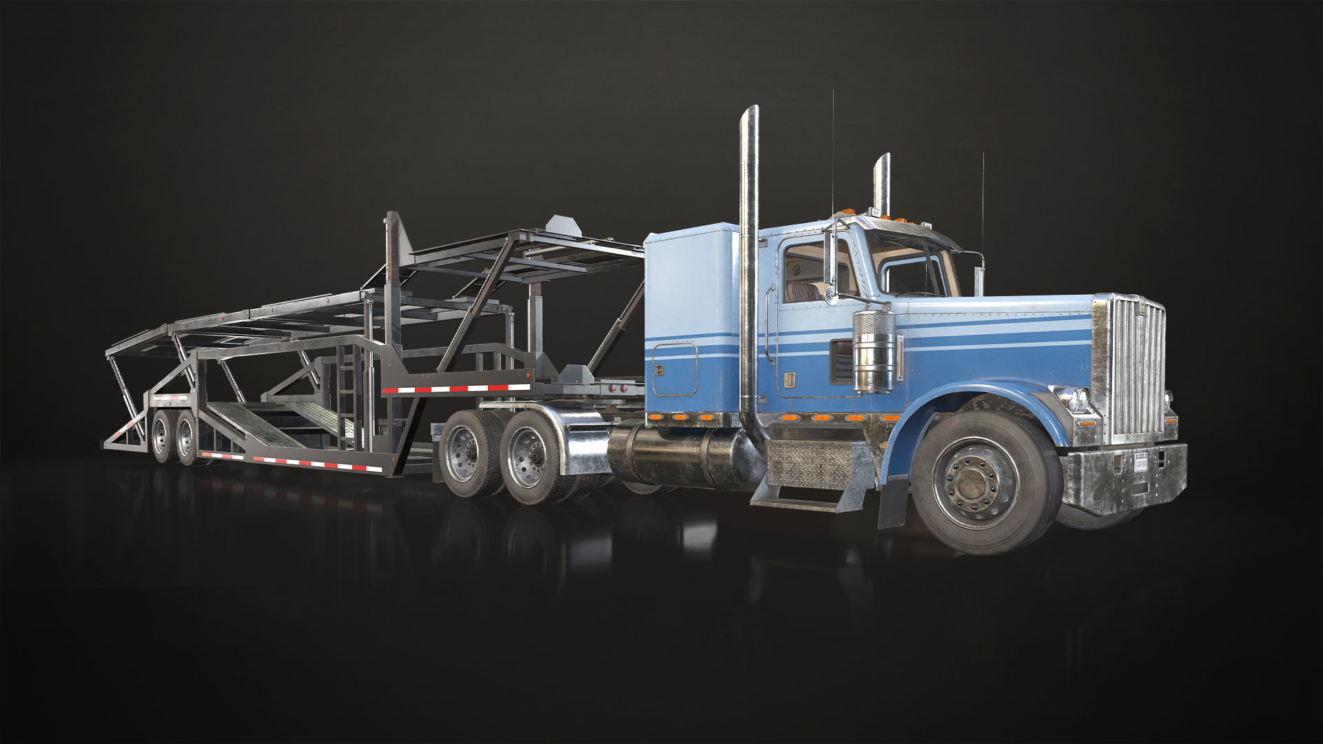 Flat Top Semi Truck Car Carrier Trailer Low-poly 3D model_2