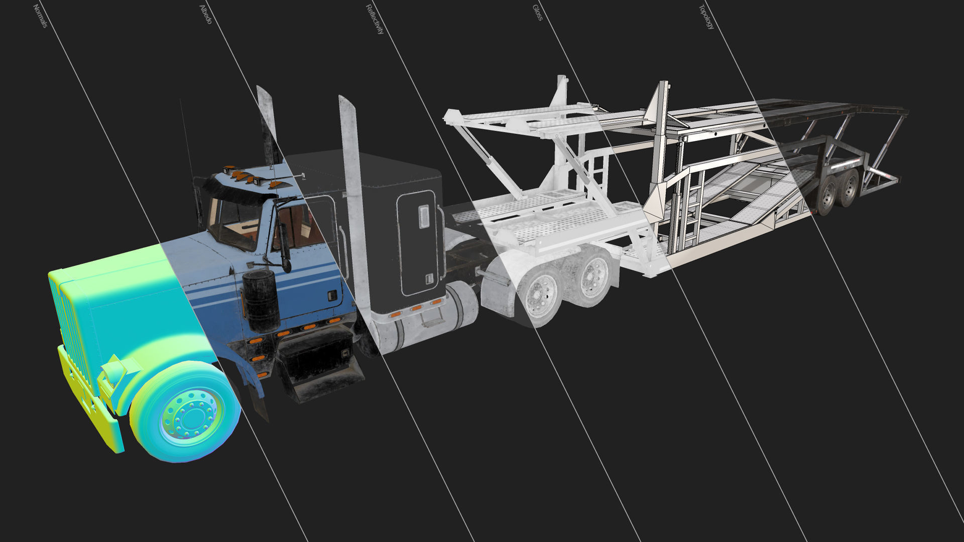 Flat Top Semi Truck Car Carrier Trailer Low-poly 3D model_27