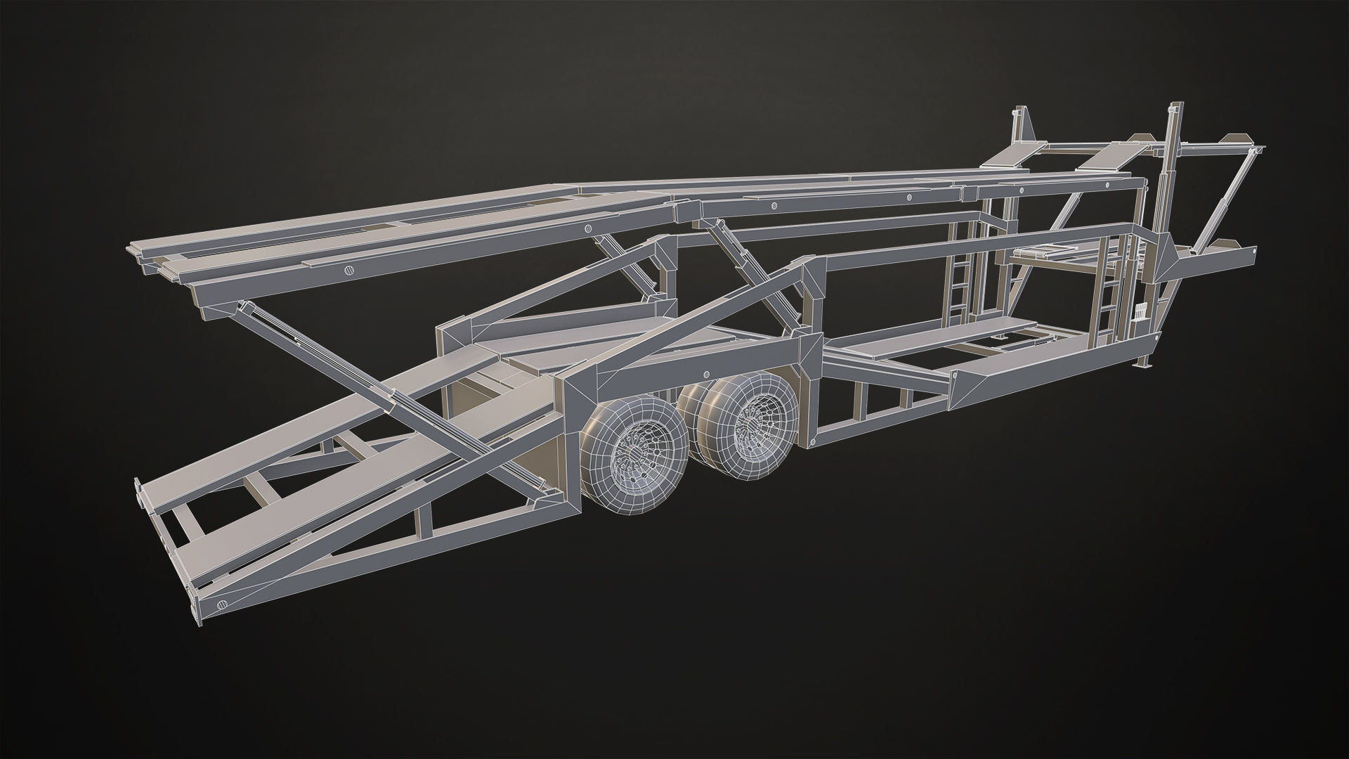 Flat Top Semi Truck Car Carrier Trailer Low-poly 3D model_26