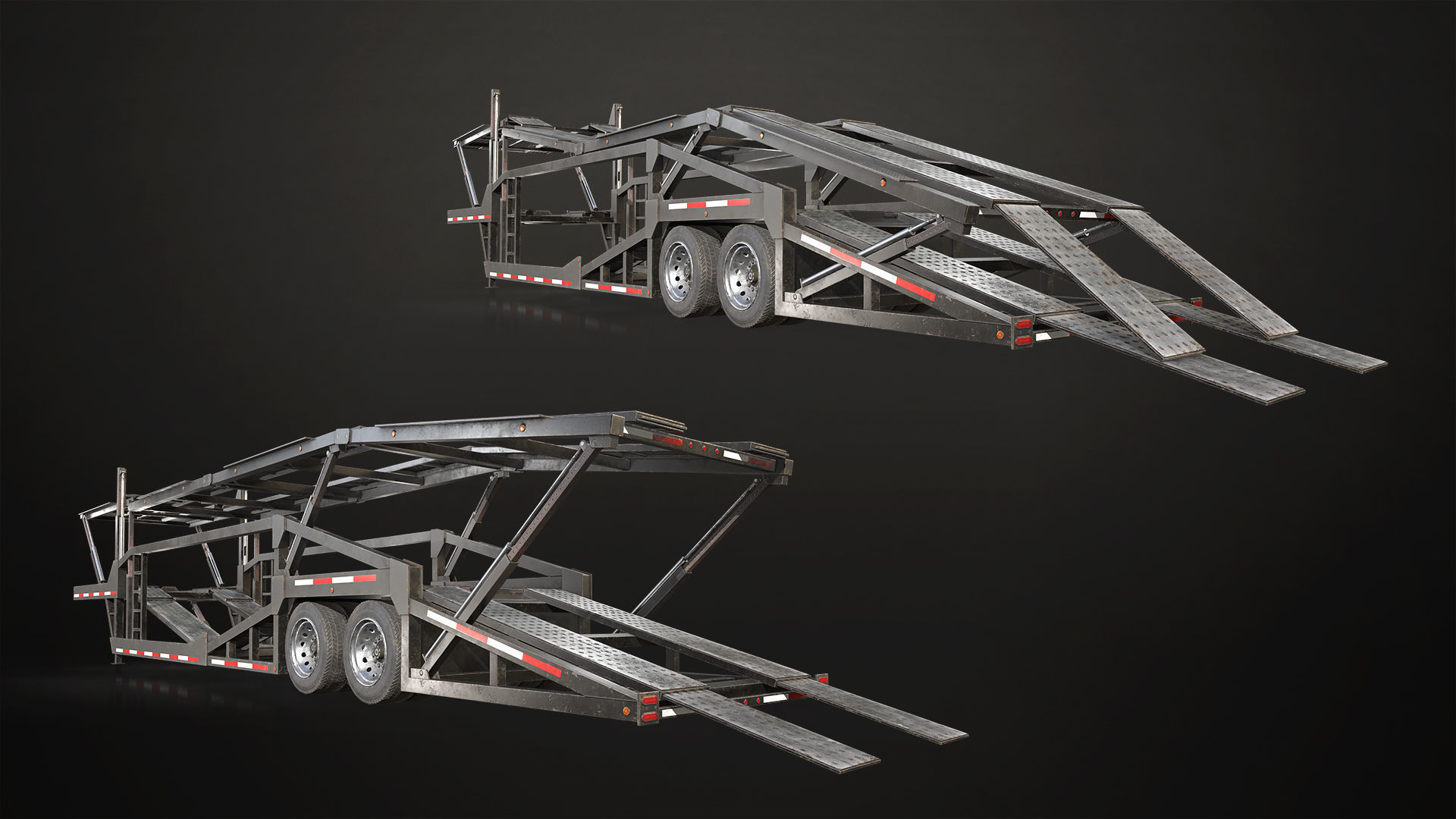 Flat Top Semi Truck Car Carrier Trailer Low-poly 3D model_16