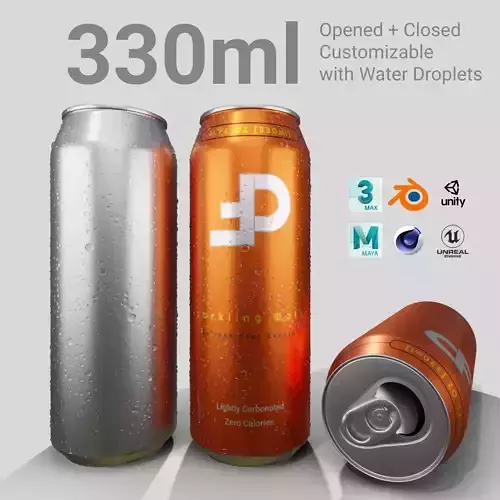 Sleek 330ml Beverage Can Open and Closed Tabs with Droplets Low-poly 3D model