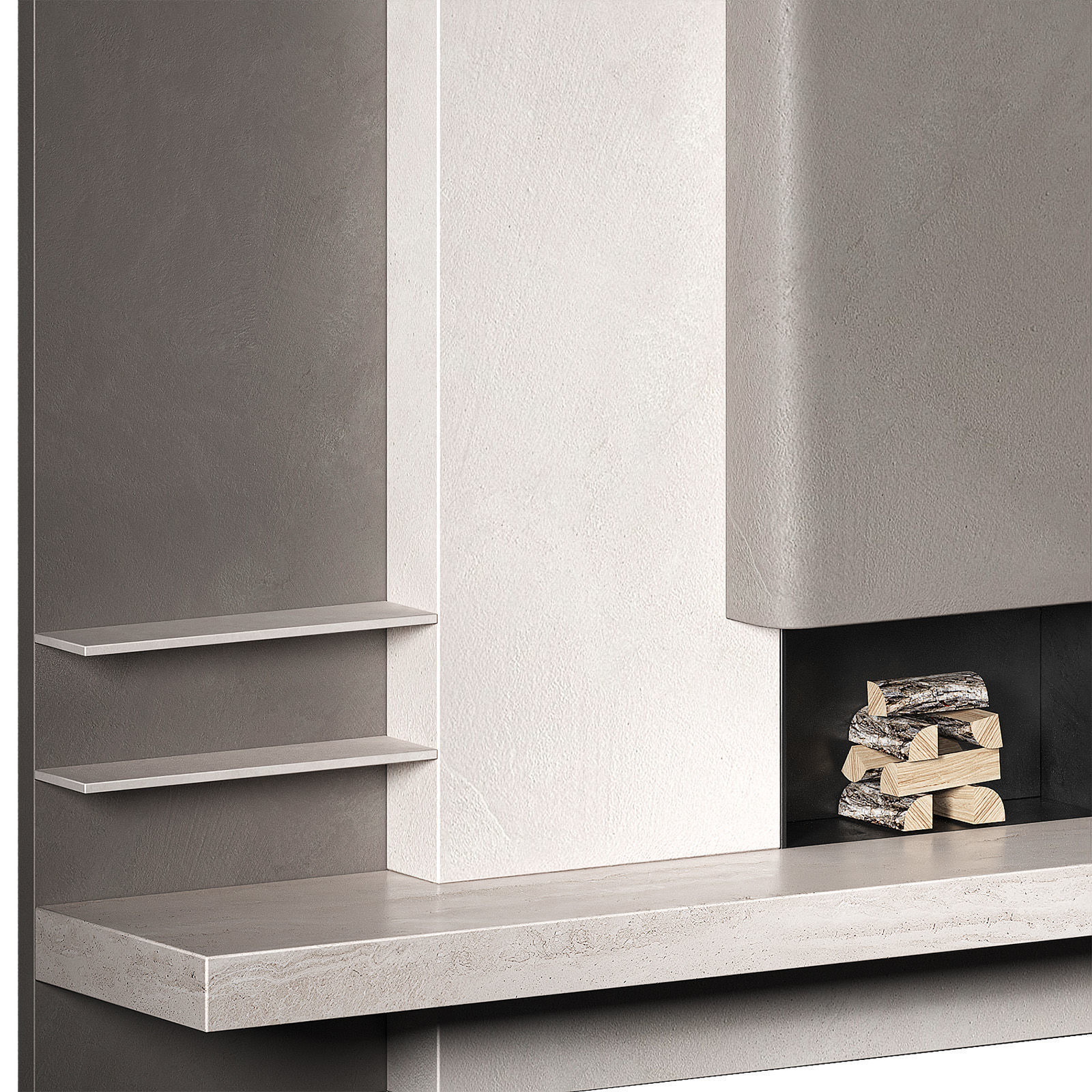 Fireplace Tall rounded chimney hearth area wooden logs 3D model_5