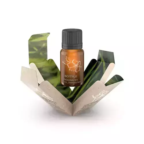 Scene with a 3D model of a bottle of essential oil with a box