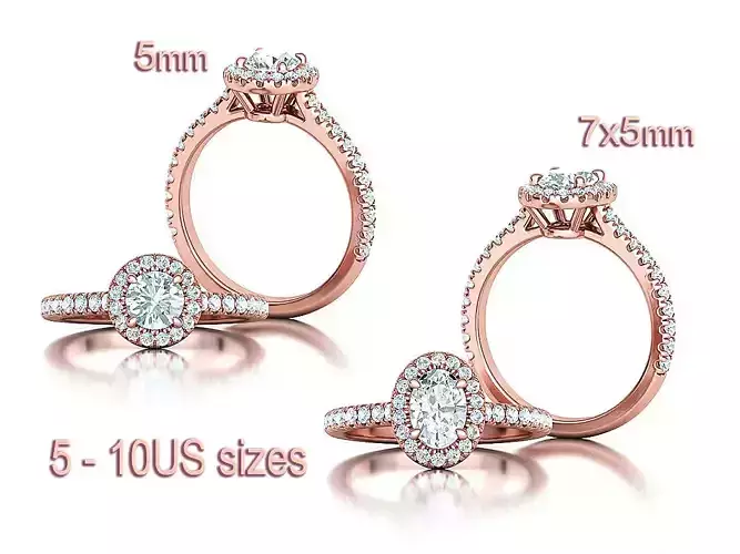 5mm Round Gem and 7x5 Oval Gem Halo Engagement Rings 