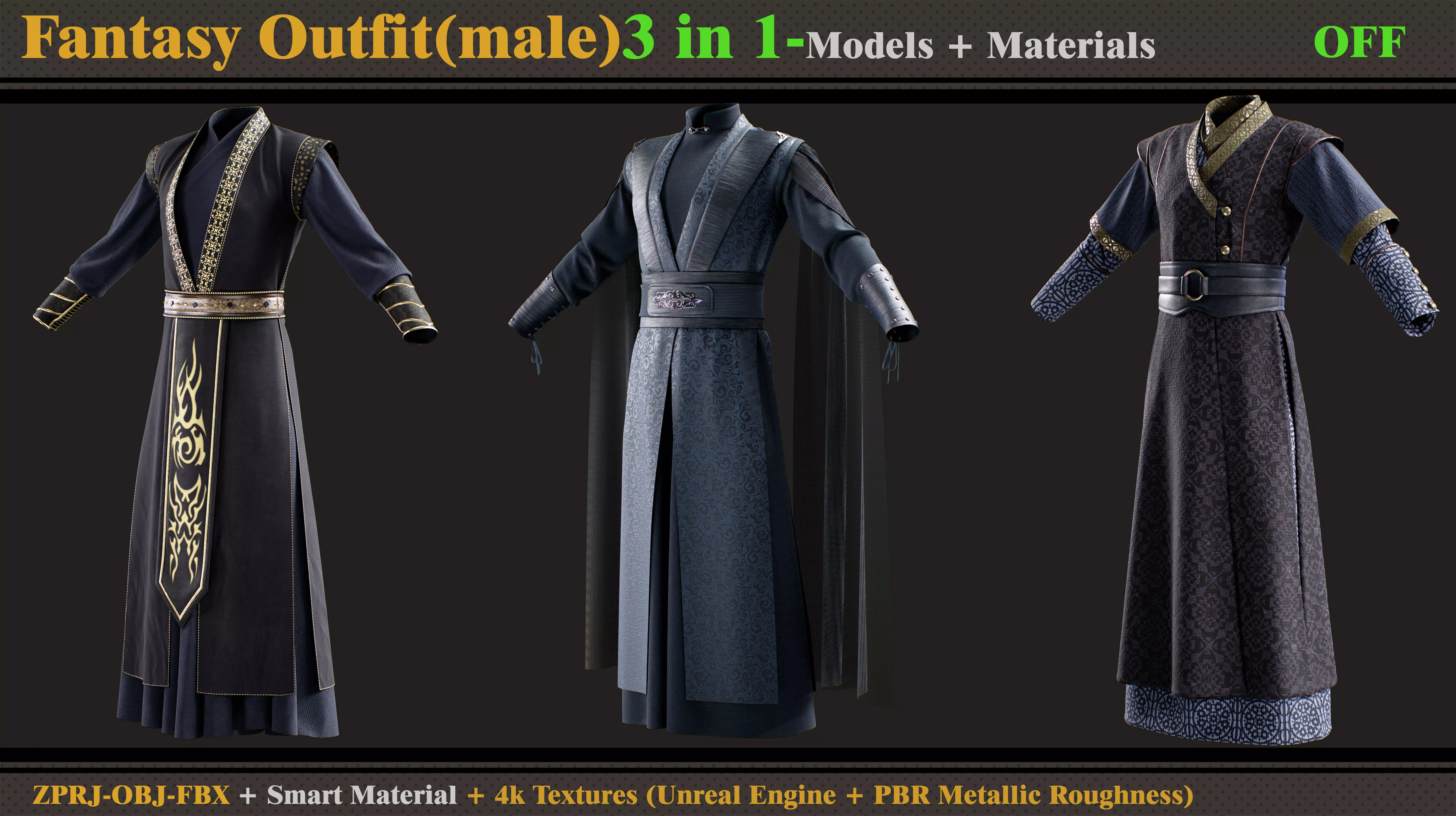 3 in 1 Fantasy Outfit-MD-Clo3d-OBJ-FBX-ZPRJ-Material-Textures 3D model