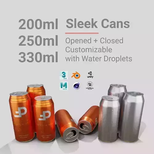 Sleek Beverage Cans Set Open and Closed Tabs with Droplets 3D Model Collection