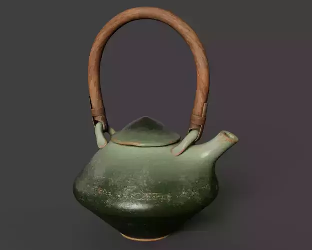 Vintage Ceramic Teapot With Wooden Handle PBR 