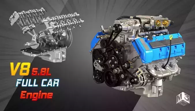 V8 supercharger Car Engine with Full Internal and External Parts 3D model