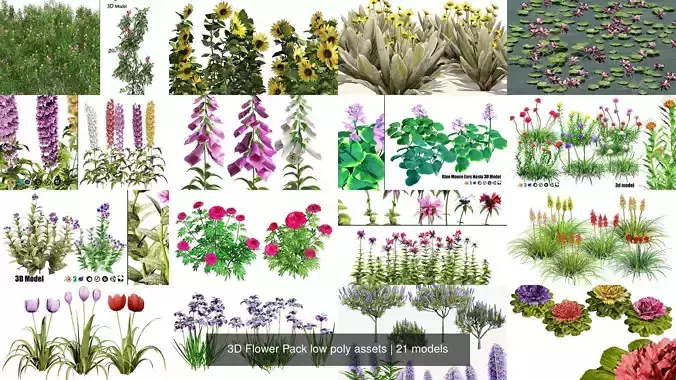 3D Flower Pack low poly assets 3D Model Collection