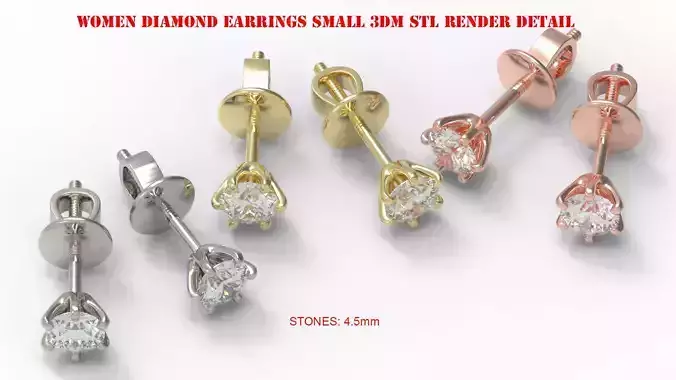 Women Diamond Earrings small 3dm stl render detail