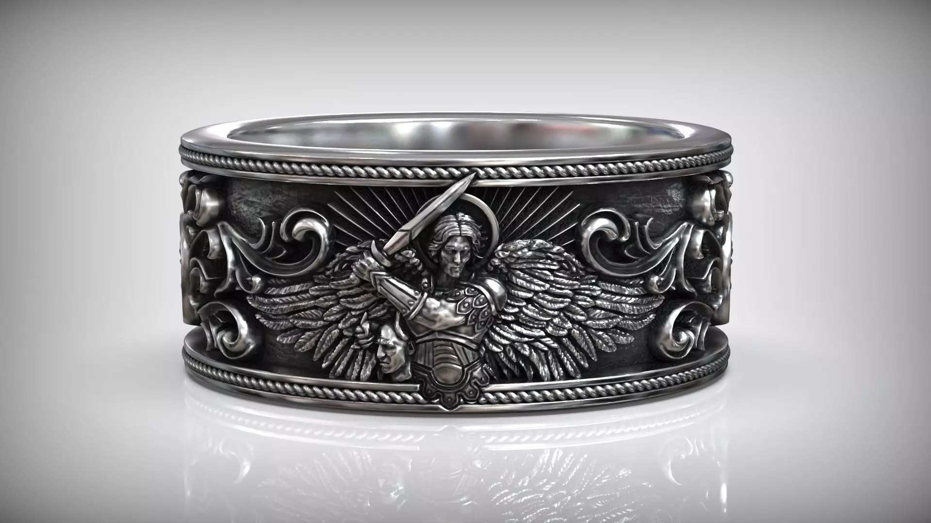Saint Michael Archangel with Sword and Demon Head Ring 3D print model