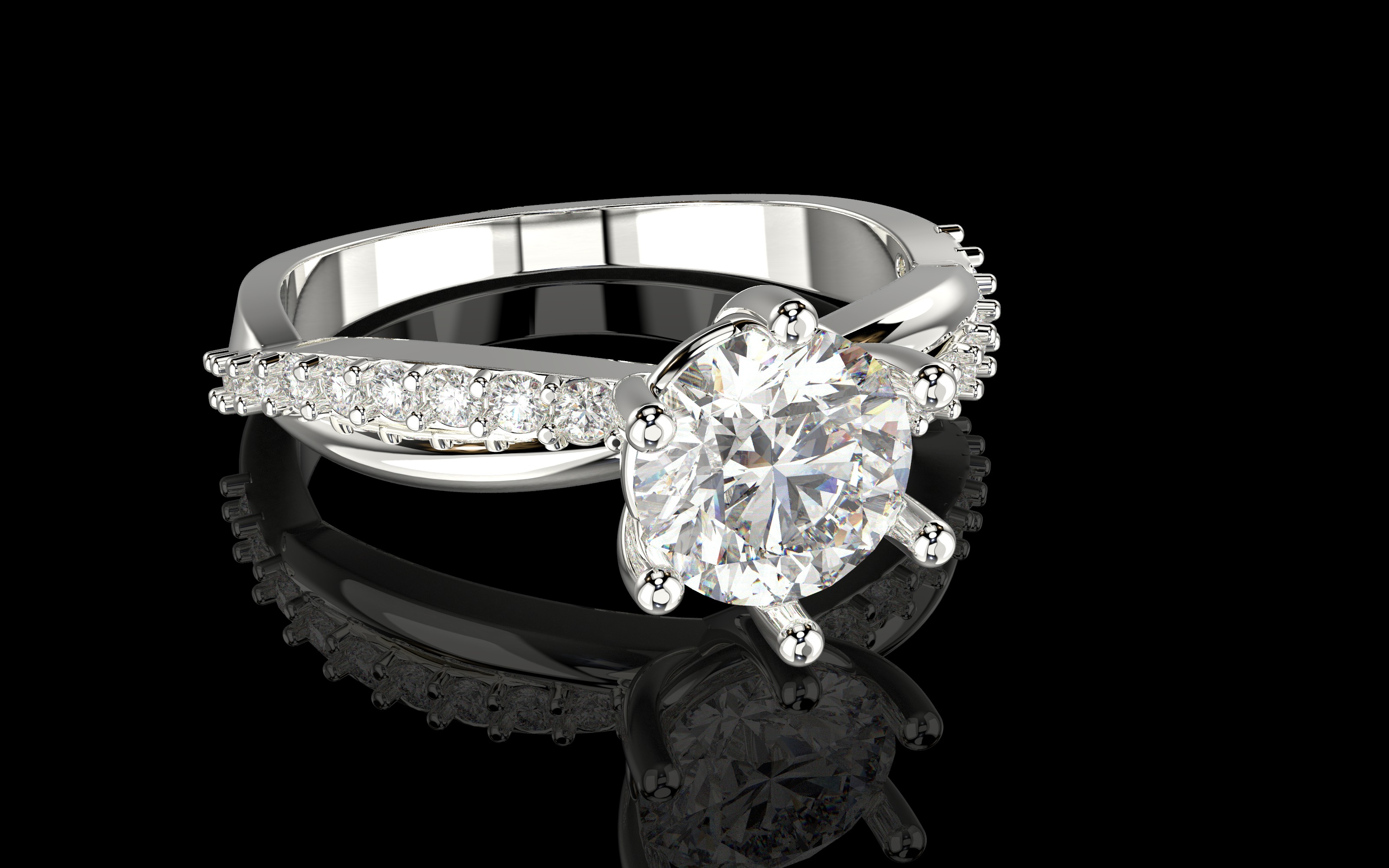 Engagement twisted SOL ring- Stones-1ct-6mm - printable STL 3D print model_3