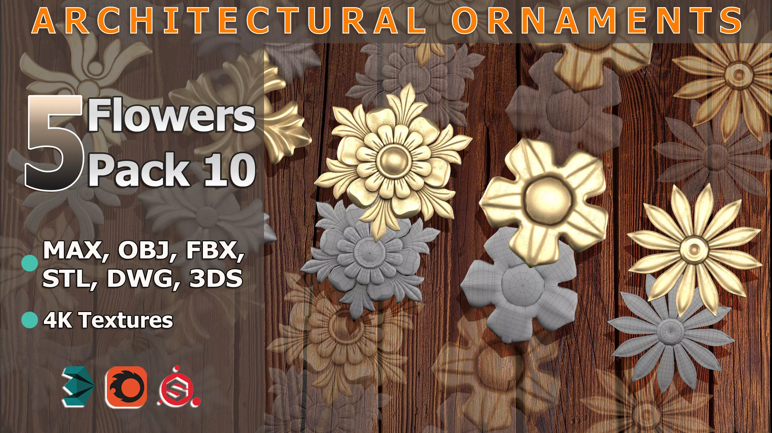 5 Flowers Ornamental Pack 10 3D model_0