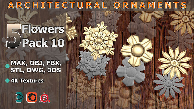 5 Flowers Ornamental Pack 10 3D model