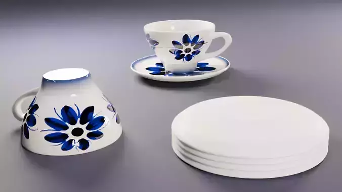 Xicara com Pires de Porcelana Azul