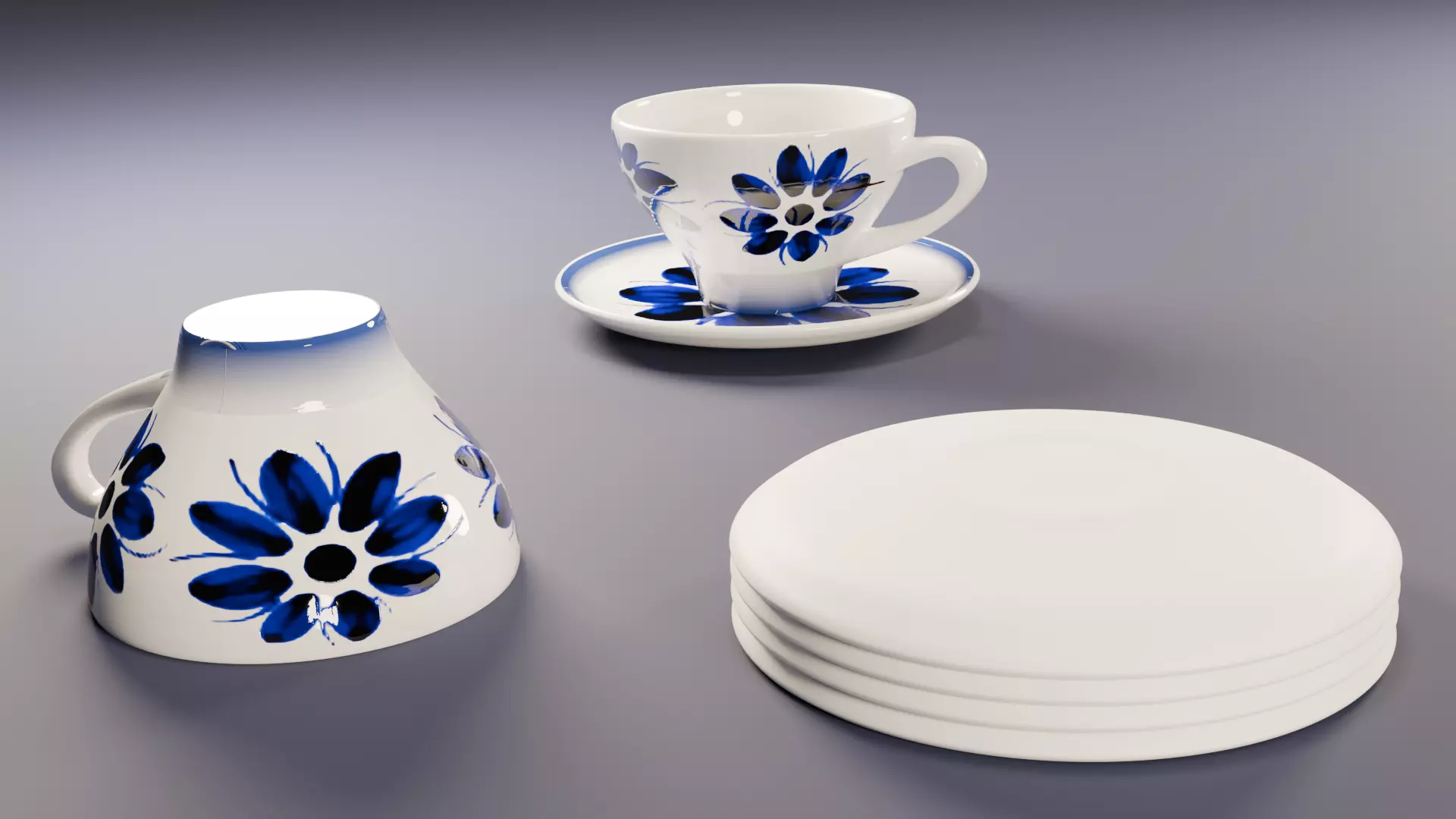 Xicara com Pires de Porcelana Azul 3D model