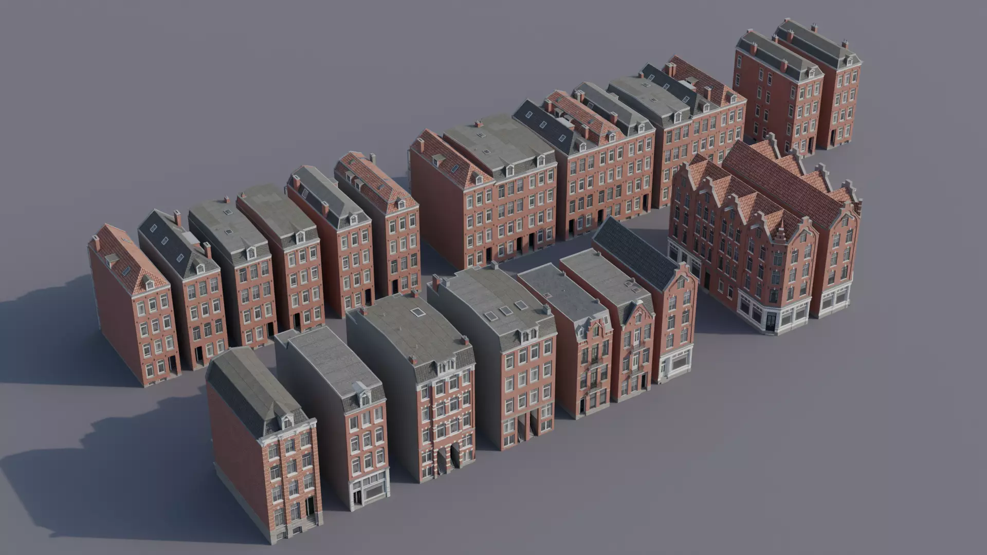 Netherlands Dutch Style Traditional Brick Row Houses Set Low-poly 3D model_0