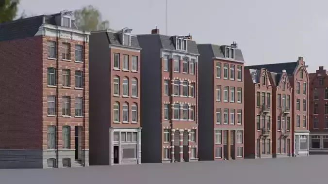 Netherlands Dutch Style Traditional Brick Row Houses Set Low-poly 3D model 5