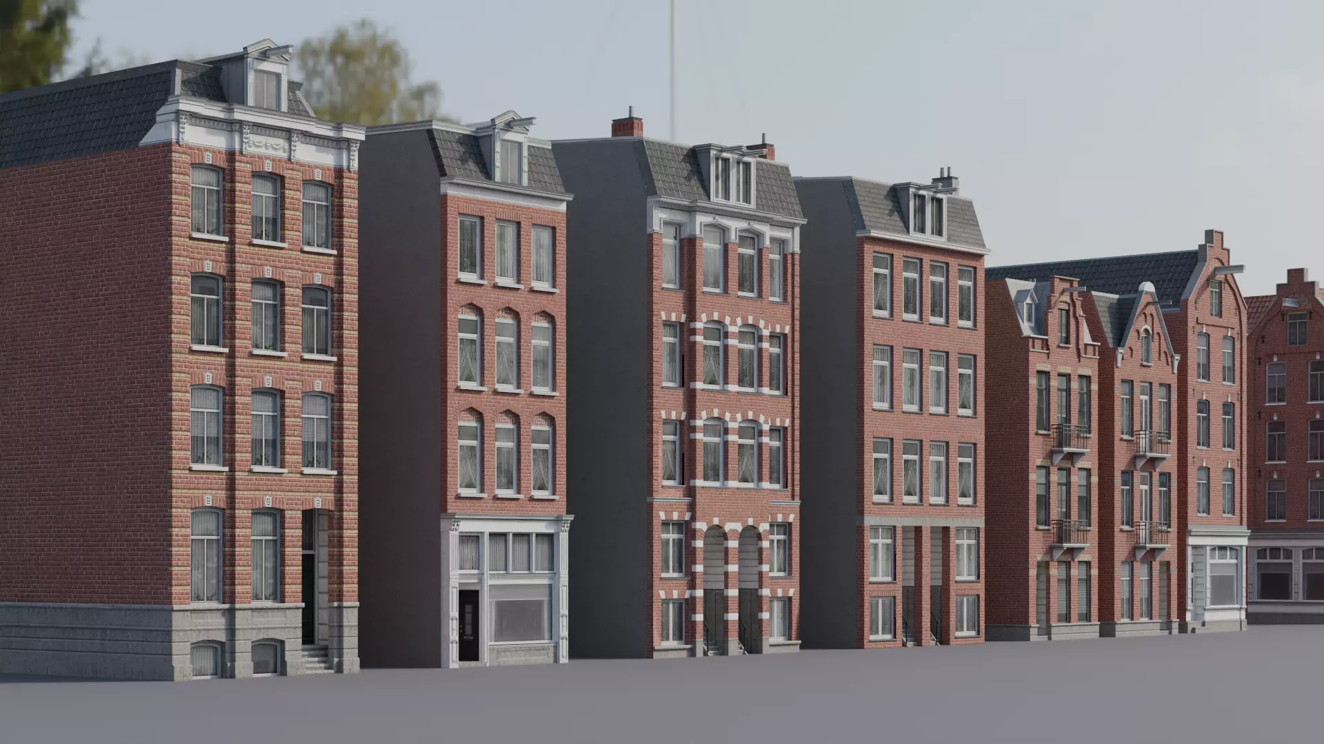 Netherlands Dutch Style Traditional Brick Row Houses Set Low-poly 3D model_4