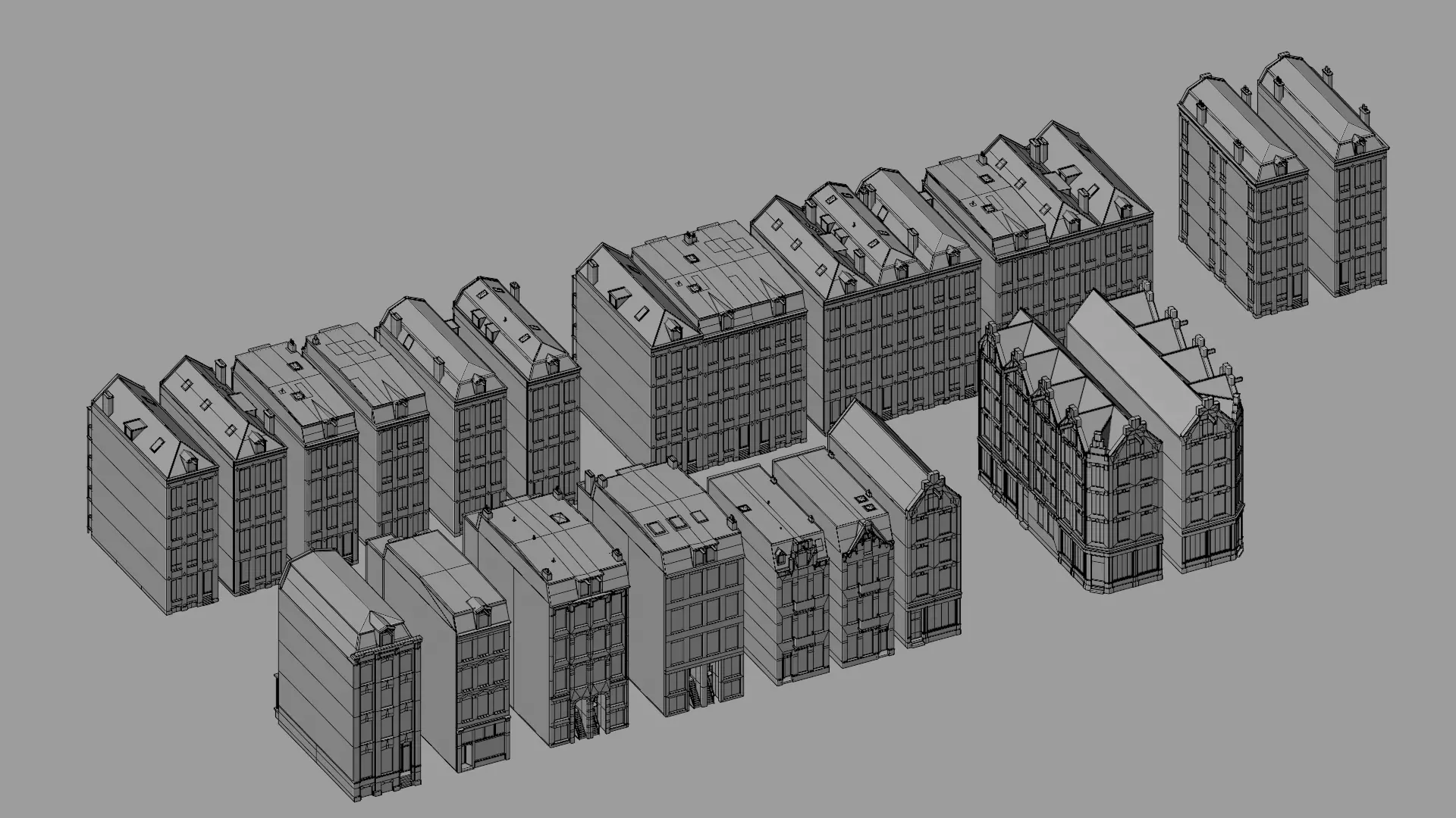Netherlands Dutch Style Traditional Brick Row Houses Set Low-poly 3D model_8