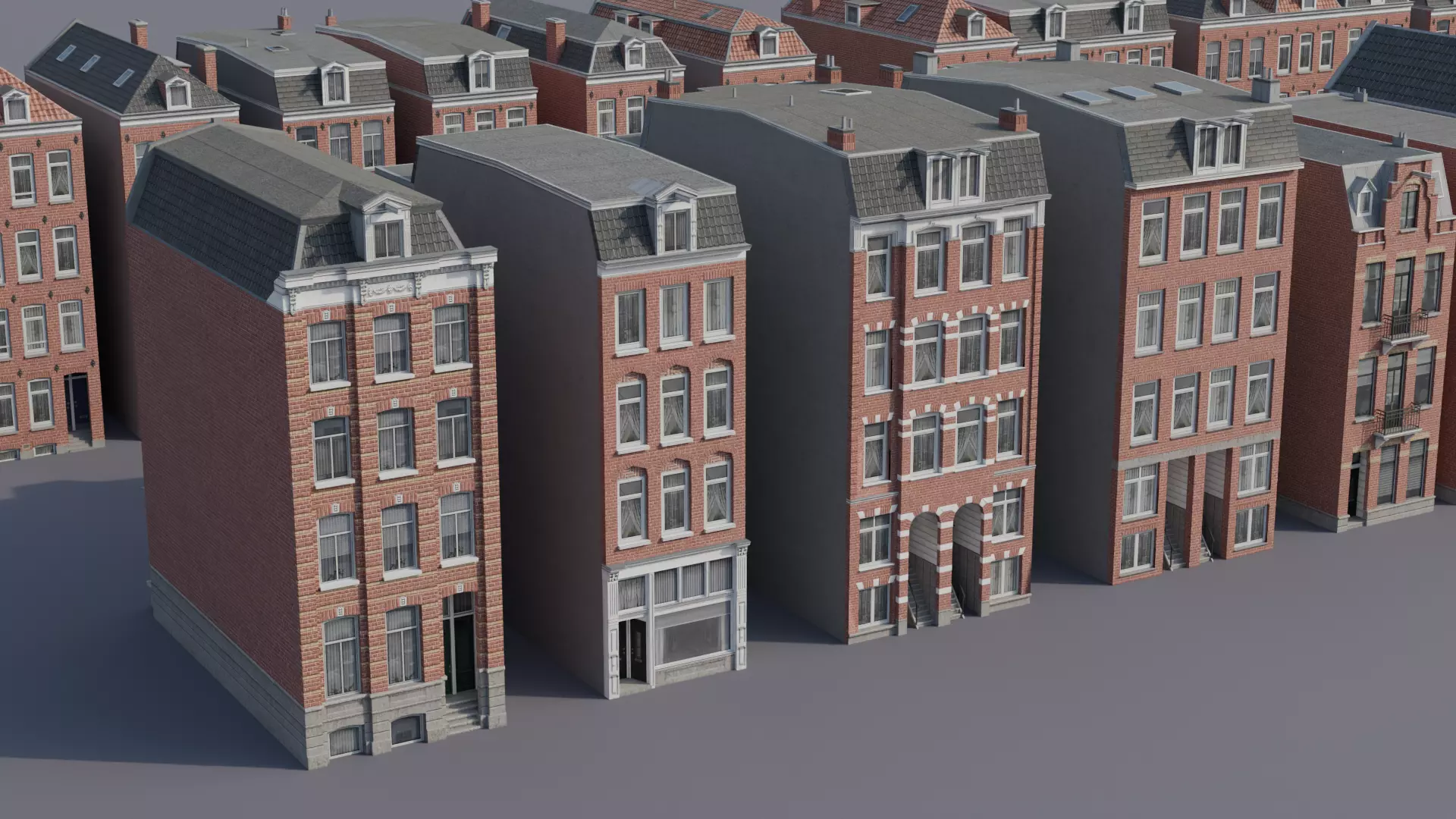 Netherlands Dutch Style Traditional Brick Row Houses Set Low-poly 3D model_1