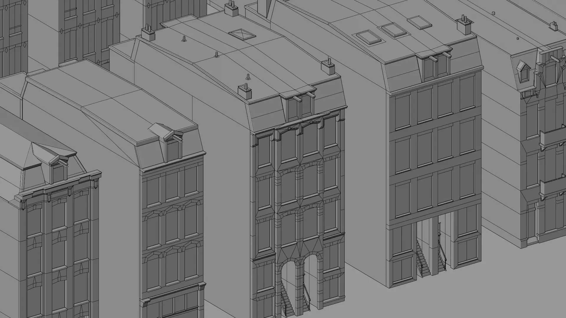 Netherlands Dutch Style Traditional Brick Row Houses Set Low-poly 3D model_9