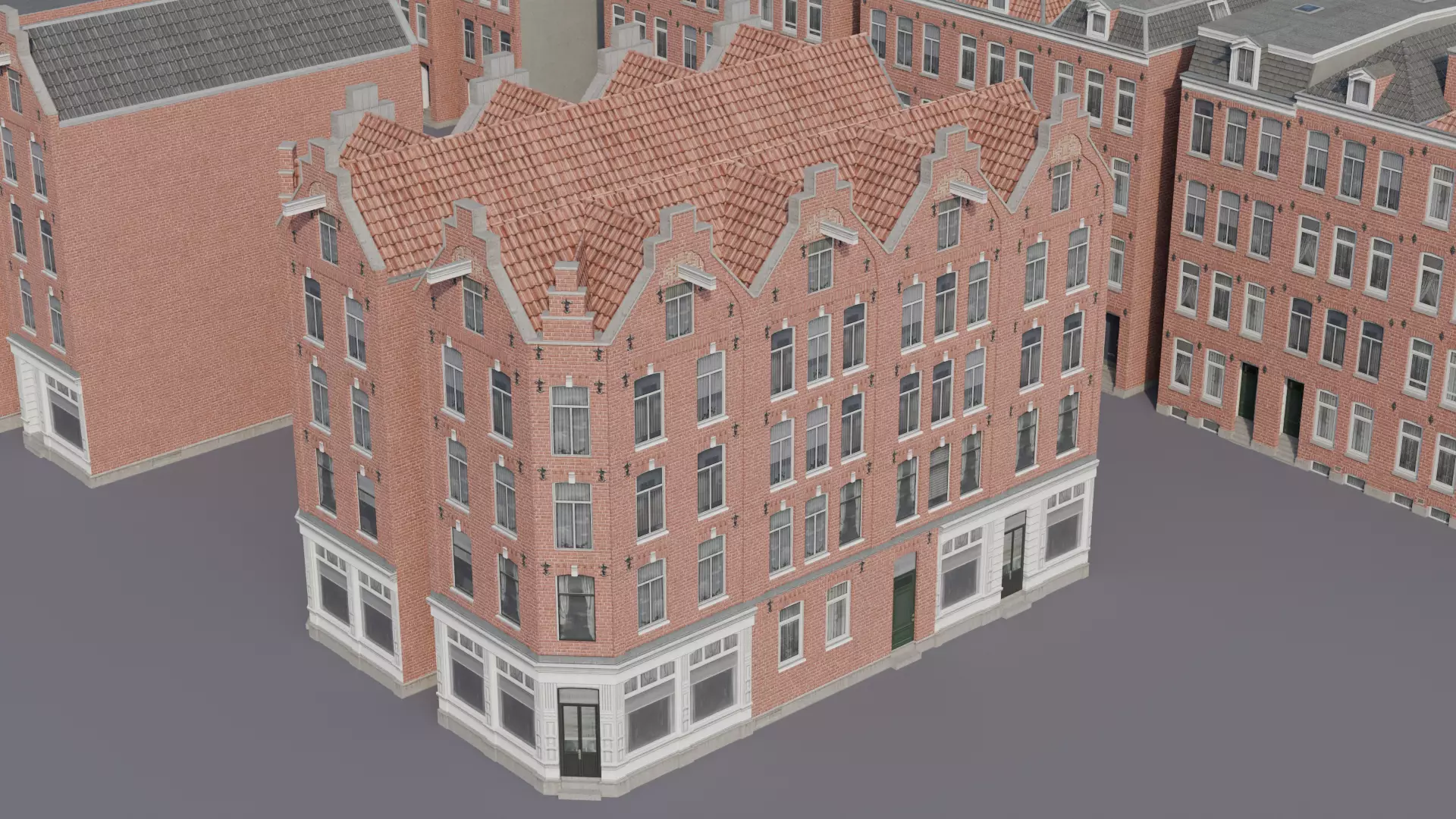 Netherlands Dutch Style Traditional Brick Row Houses Set Low-poly 3D model_7