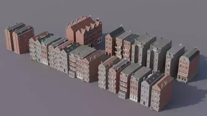 Netherlands Dutch Style Traditional Brick Row Houses Set Low-poly 3D model 6