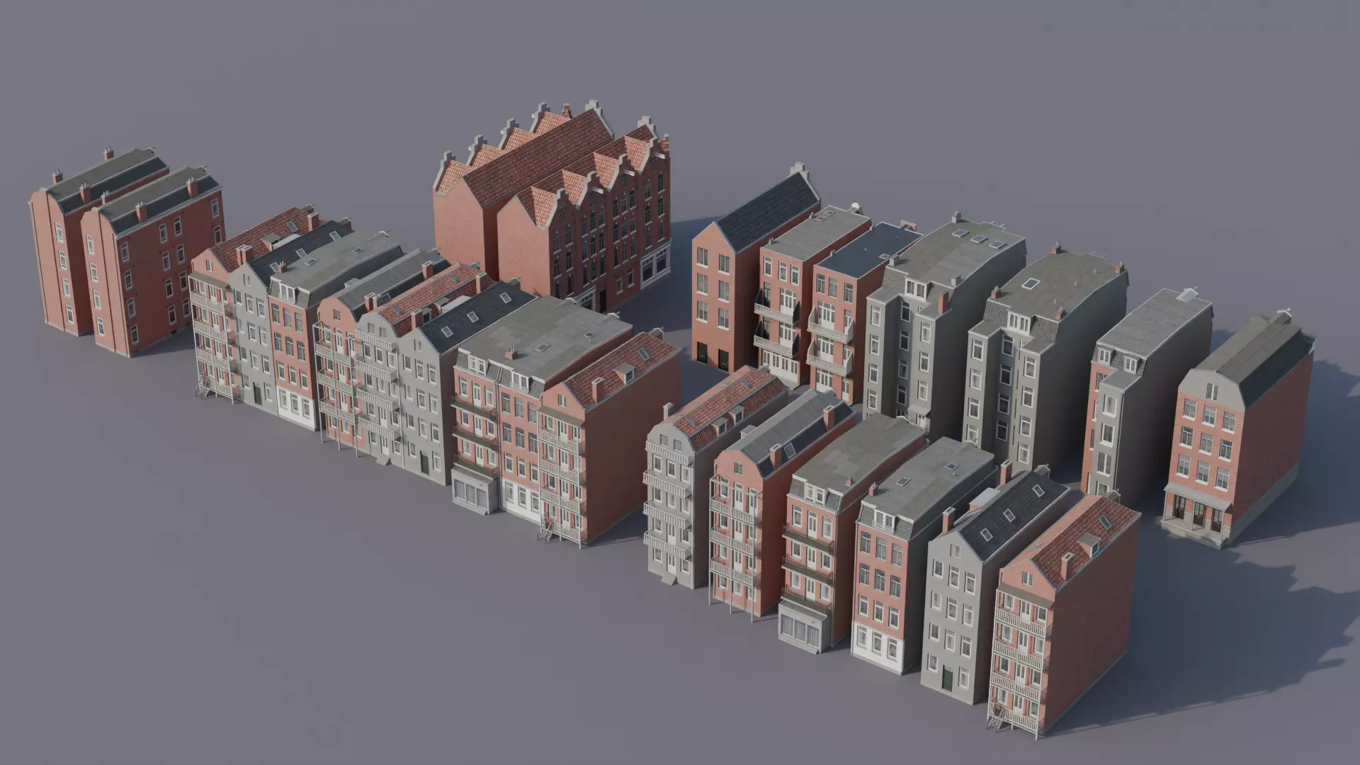 Netherlands Dutch Style Traditional Brick Row Houses Set Low-poly 3D model_5