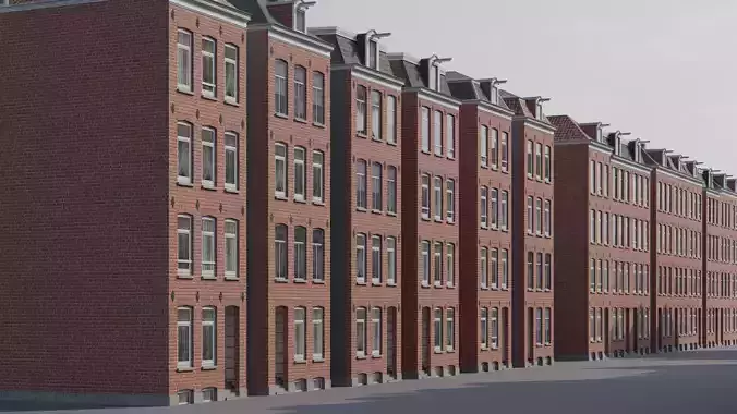 Netherlands Dutch Style Traditional Brick Row Houses Set Low-poly 3D model 7