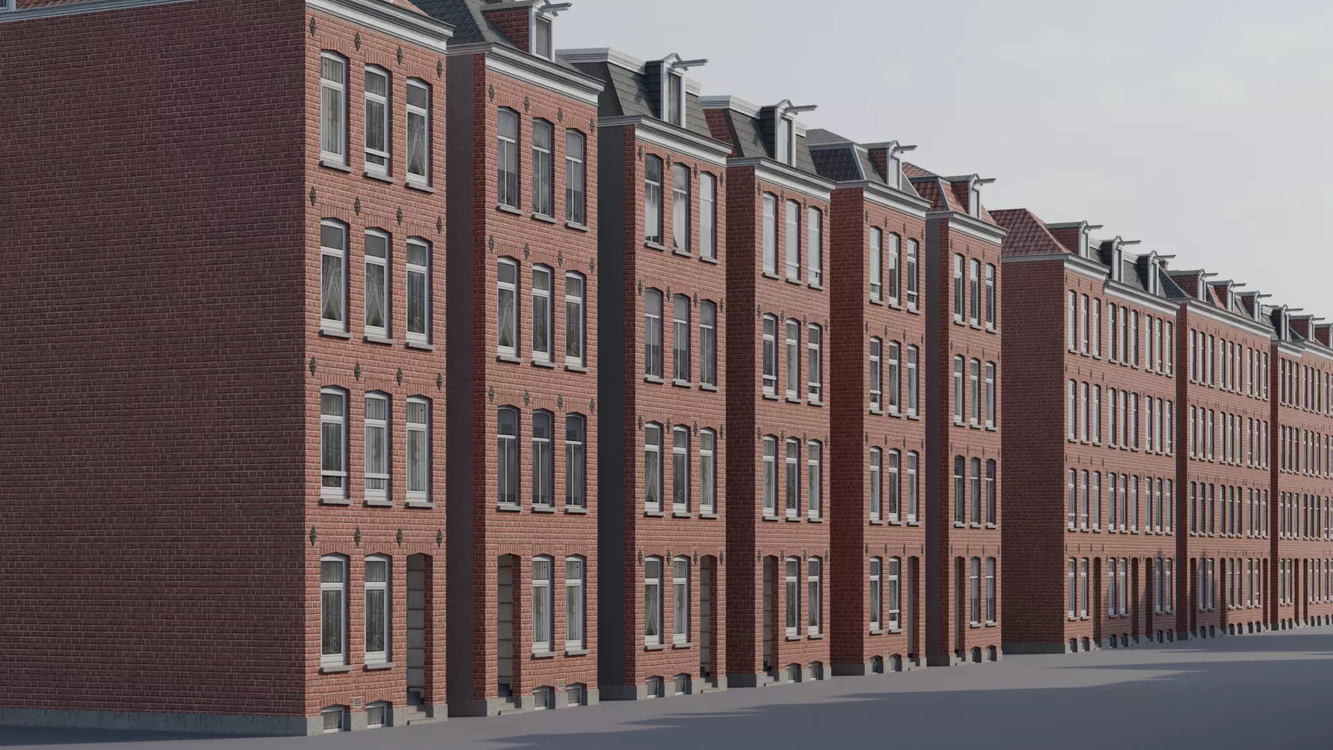 Netherlands Dutch Style Traditional Brick Row Houses Set Low-poly 3D model_6
