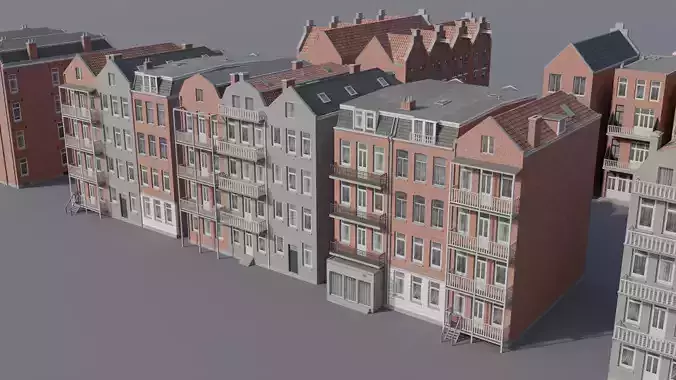 Netherlands Dutch Style Traditional Brick Row Houses Set Low-poly 3D model 3
