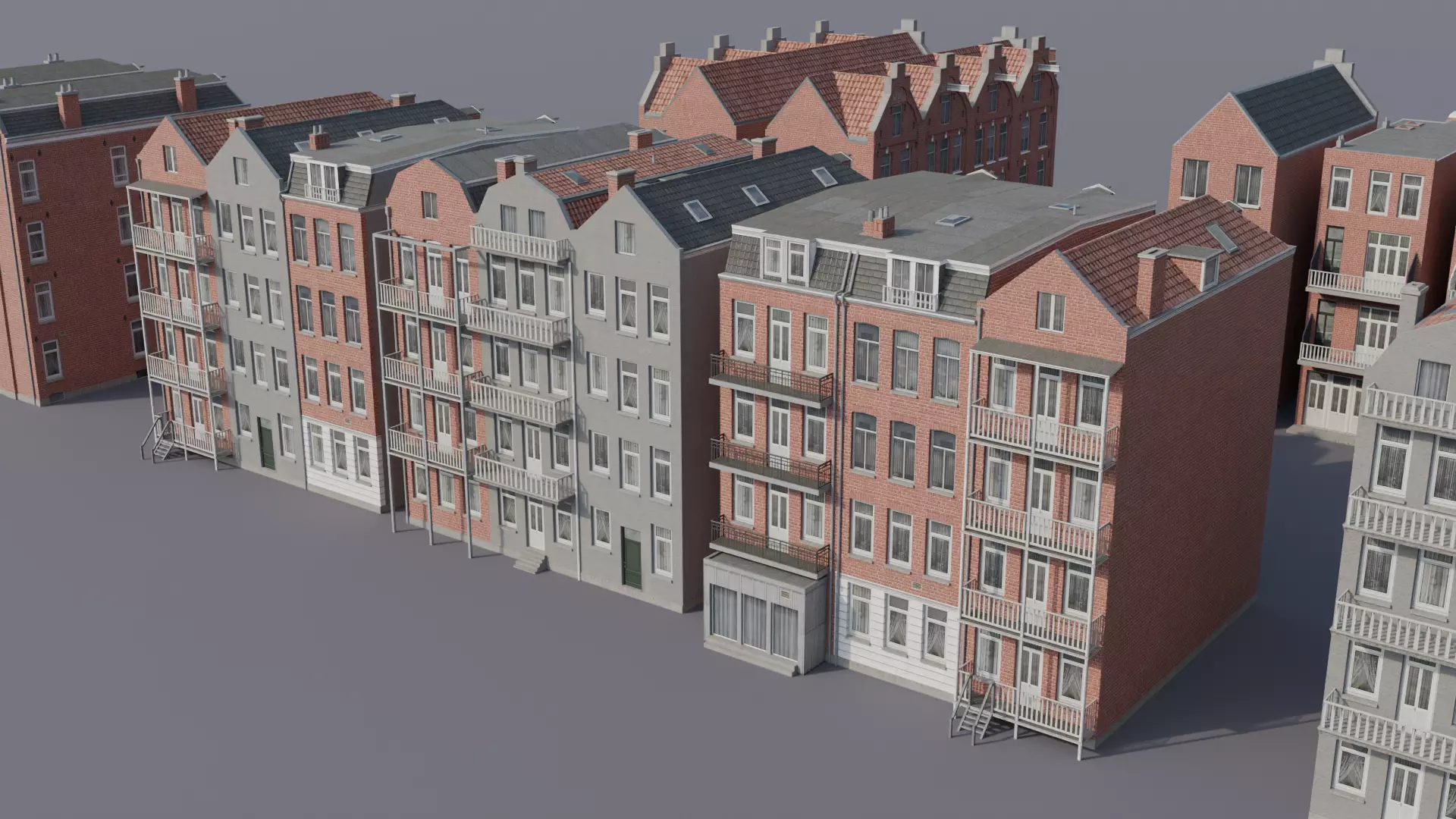 Netherlands Dutch Style Traditional Brick Row Houses Set Low-poly 3D model_2