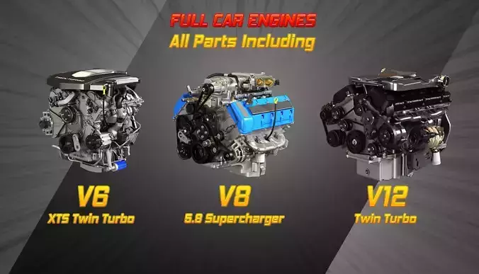 V6 V8 V12 Car Engines with Full External and Internal Parts 3D Model Collection