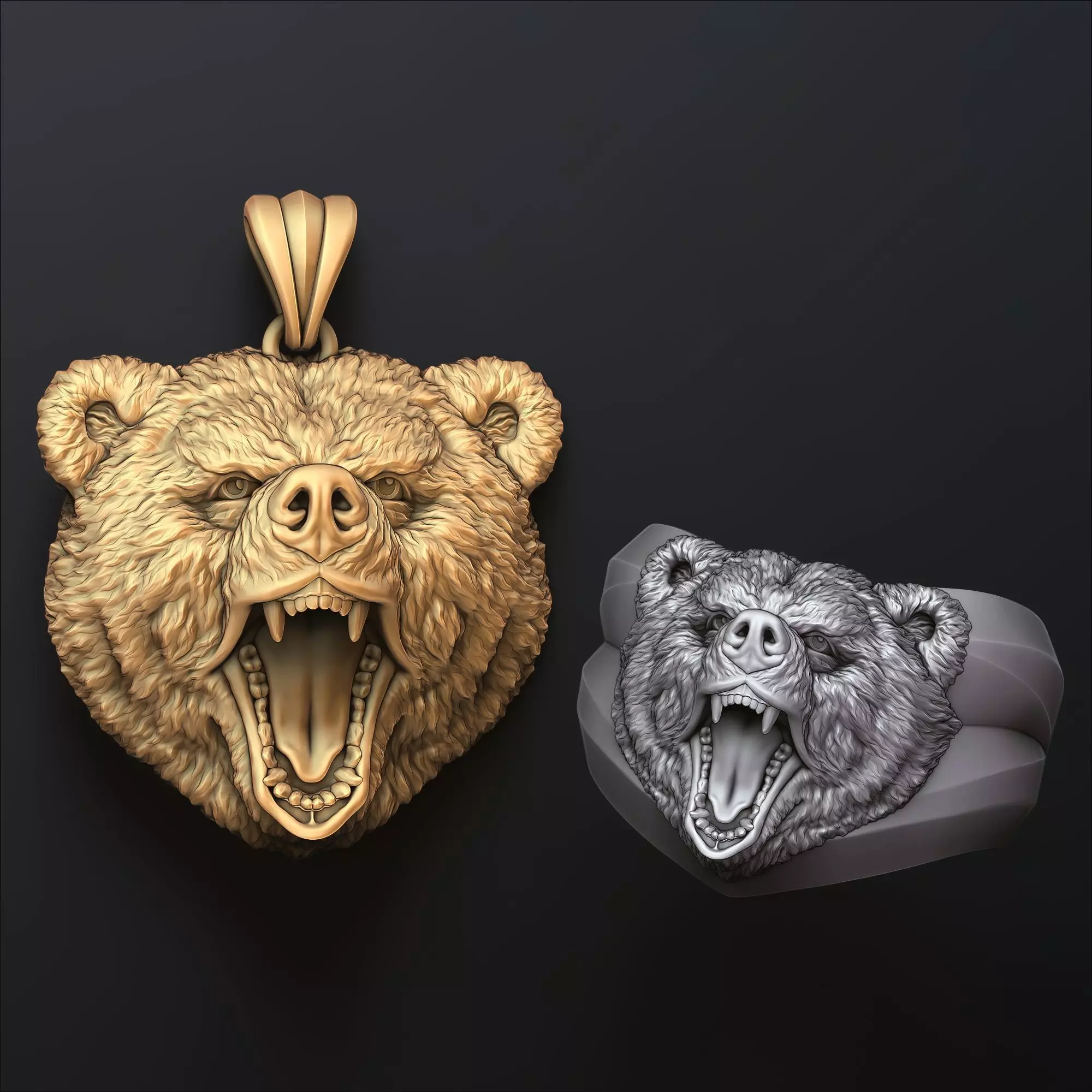 Basrelief Bear Head Ring And Pendant Set 3D print model_0