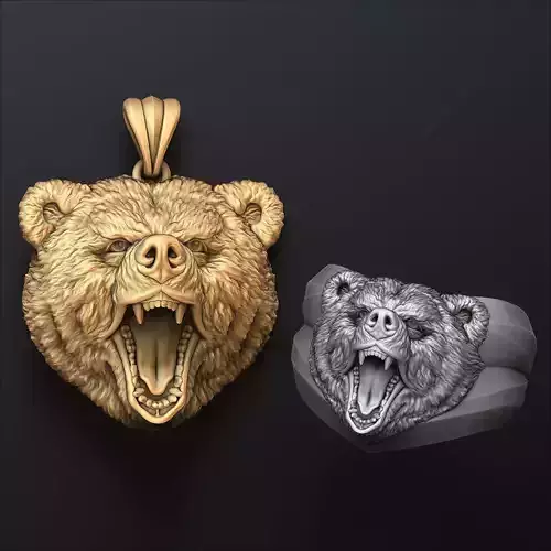 Basrelief Bear Head Ring And Pendant Set