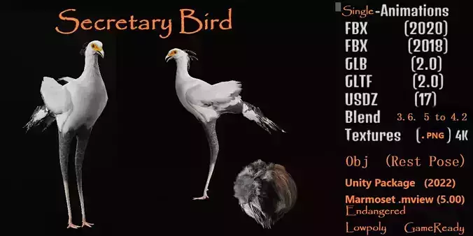 Secretary Bird Low-poly 3D model