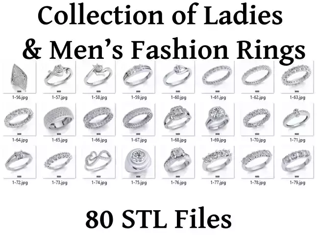 80 Various Modern Ladies and Mens Rings Jewelry Collection 3D print model